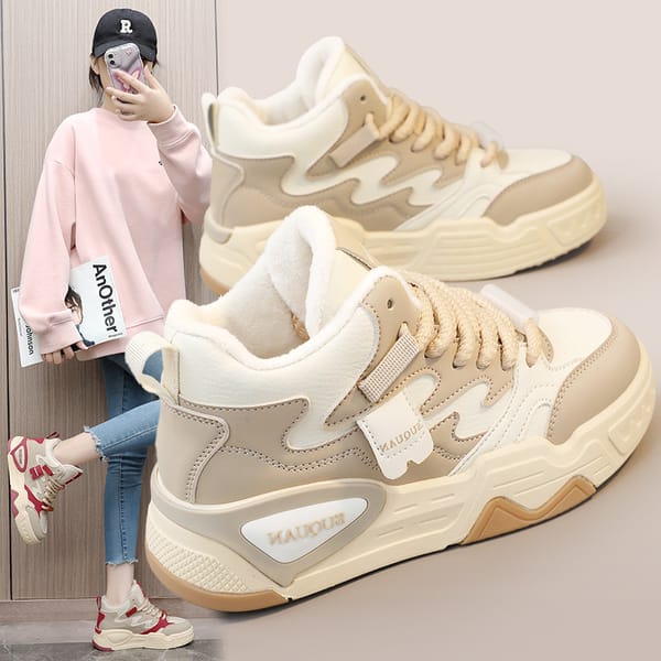 Add velvet high top color matching women's shoes 2023 winter new fashion student ins Korean version of casual warm cotton shoes