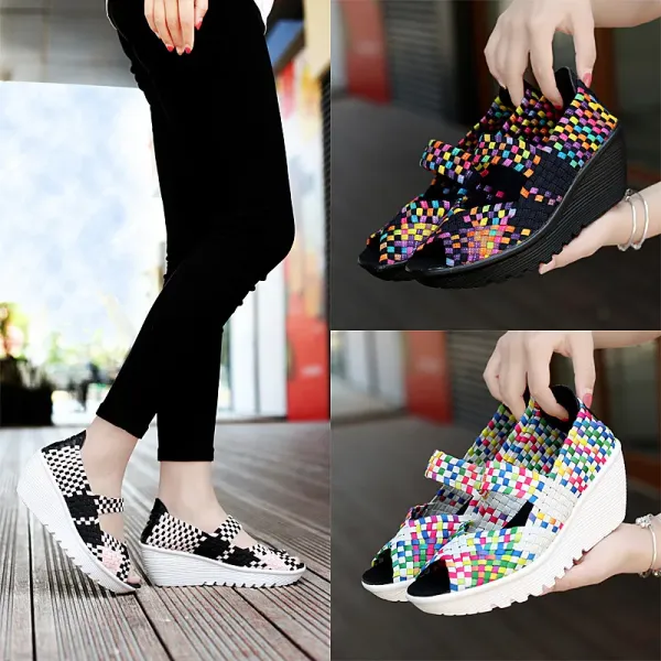 Breathable Shoes  New Fashion Flats Women's Hollow Out Woven Elastic Strap Casual Shoes Fish Mouth Comfortable Sandals