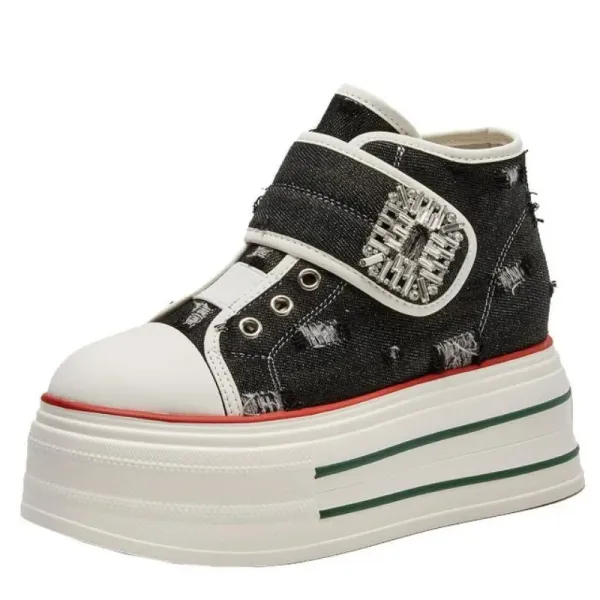 8.5cm Denim Canvas Crystal Women 2024 Fashion Hook&Loop Spring Ankle Boots Platform Wedge Lady Autumn Fashion High Brand Shoes