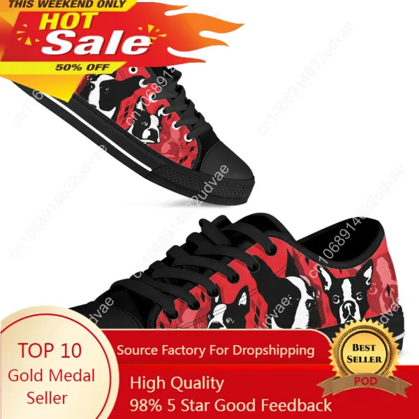 Red Boston Terrier Print Shoes Women's 2023 Autumn Sport Casual Shoes Lace-up Flats Plus Size 45 Comfort Vulcanized Shoes