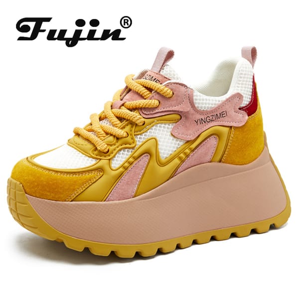 Fujin 8cm 2024 Air Mesh Leather Synthetic Chunky Sneaker Heels Comfy Platform Sandals Breathable Pumps Summer Vulcanize Shoes